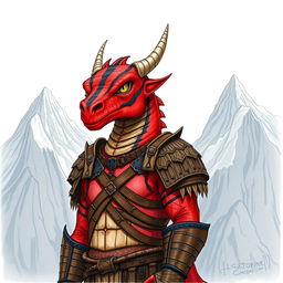 A large, red dragonborn character with black stripes on its face, standing majestically against a backdrop of towering mountains
