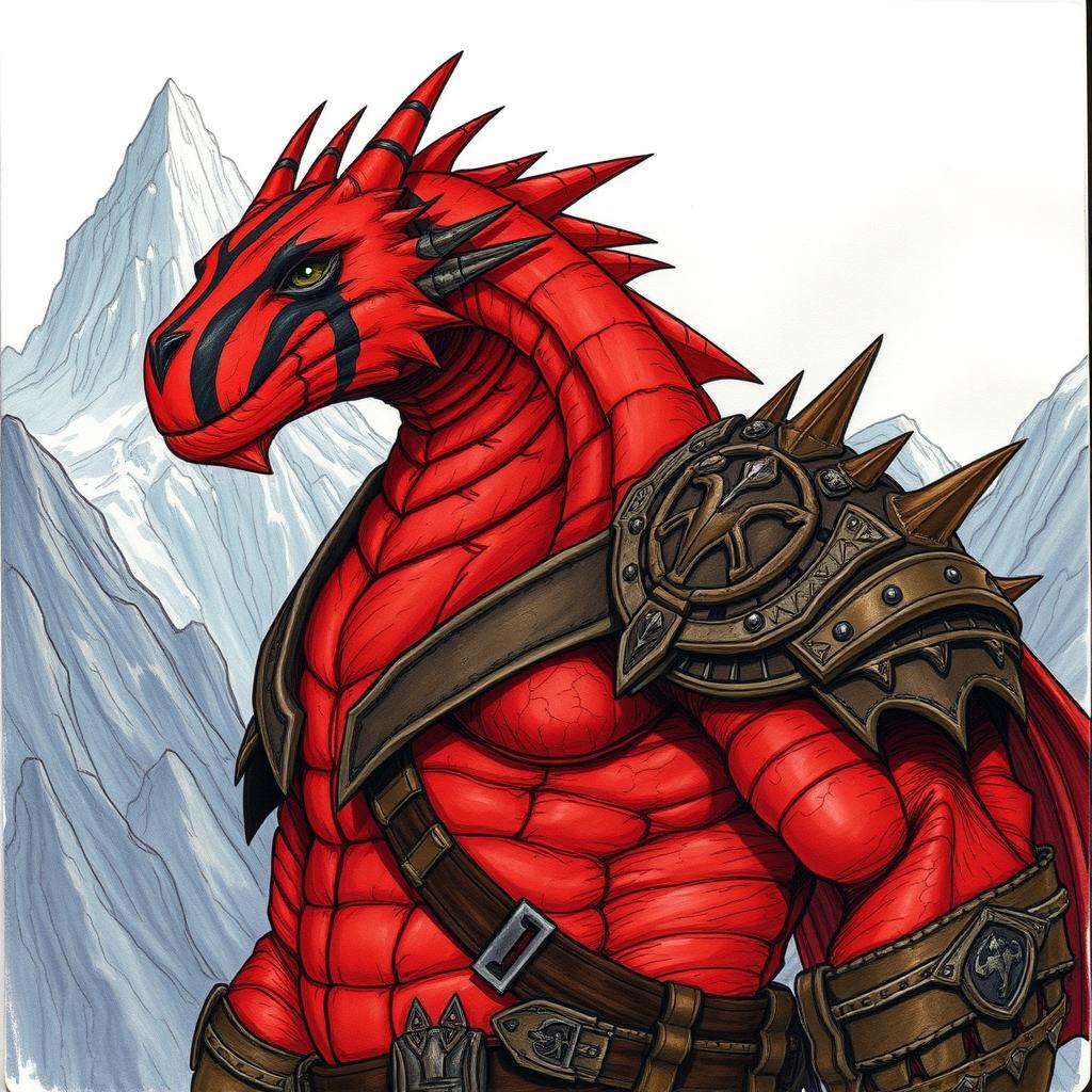 A large, red dragonborn character with black stripes on its face, standing majestically against a backdrop of towering mountains