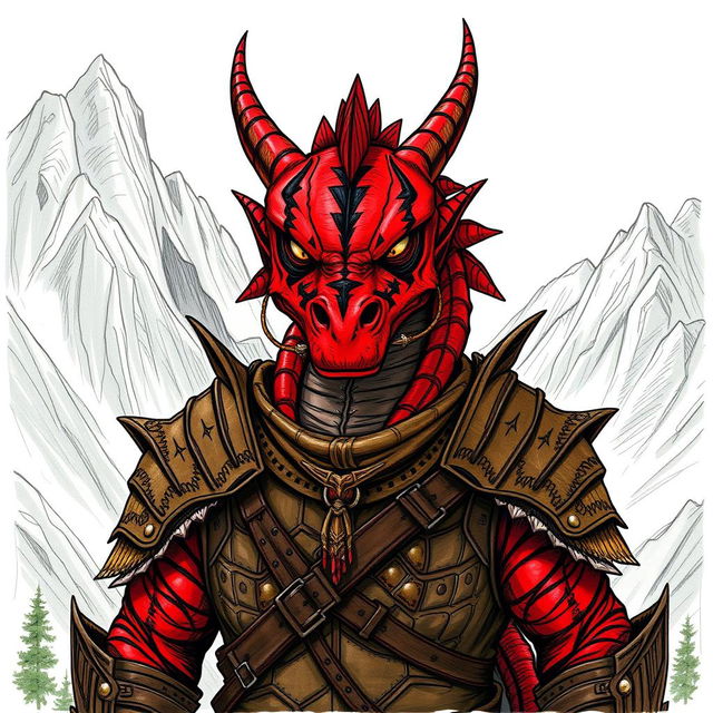 A large, red dragonborn character with black stripes on its face, standing majestically against a backdrop of towering mountains