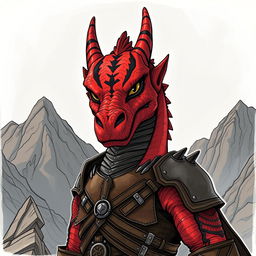 A large, red dragonborn character with striking black stripes on its face, set against a dramatic backdrop of rugged mountains