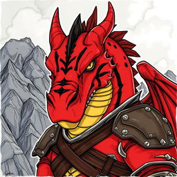 A large, red dragonborn character with striking black stripes on its face, set against a dramatic backdrop of rugged mountains