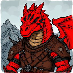 A large, red dragonborn character with striking black stripes on its face, set against a dramatic backdrop of rugged mountains