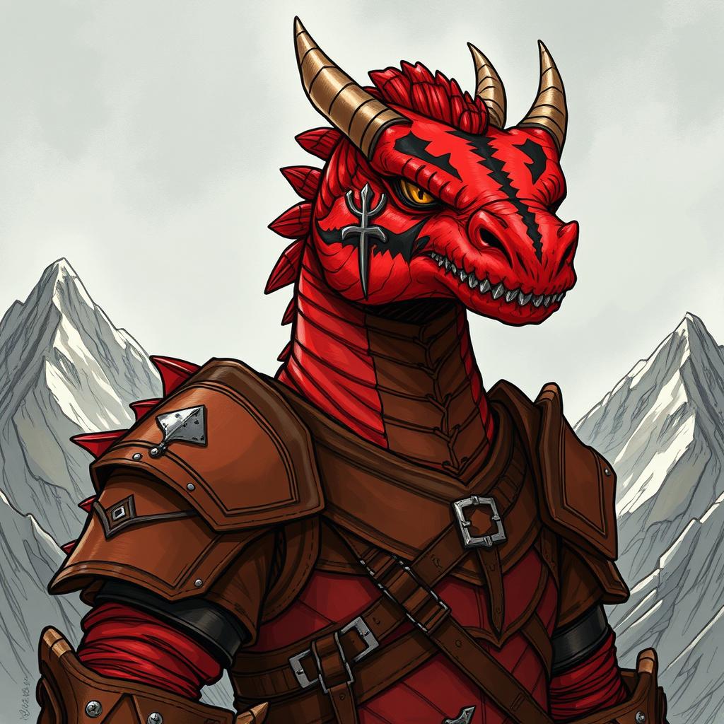 A large, red dragonborn character with striking black stripes on its face, set against a dramatic backdrop of rugged mountains