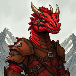 A large, red dragonborn character with striking black stripes on its face, set against a dramatic backdrop of rugged mountains