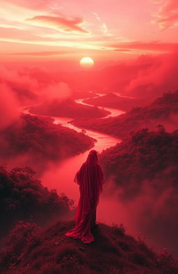 A dreamlike landscape bathed in shades of crimson, with flowing rivers of red water reflecting a vibrant sunset