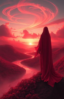 A dreamlike landscape bathed in shades of crimson, with flowing rivers of red water reflecting a vibrant sunset