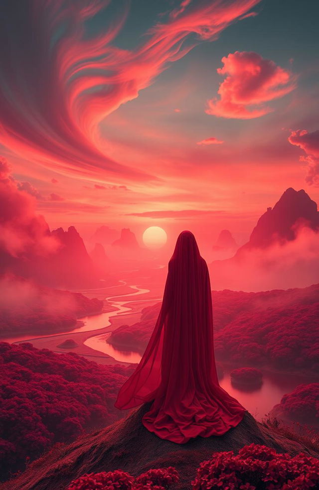 A dreamlike landscape bathed in shades of crimson, with flowing rivers of red water reflecting a vibrant sunset