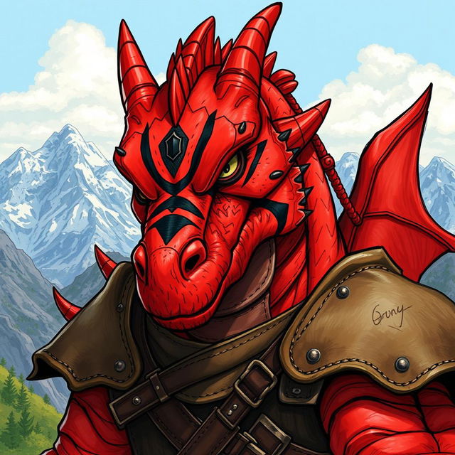 A large, red dragonborn character with distinct black stripes across its face, portrayed against a stunning backdrop of rugged mountains