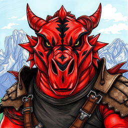 A large, red dragonborn character with distinct black stripes across its face, portrayed against a stunning backdrop of rugged mountains