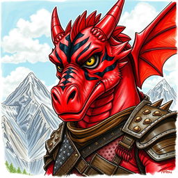 A large, red dragonborn character with distinct black stripes across its face, portrayed against a stunning backdrop of rugged mountains