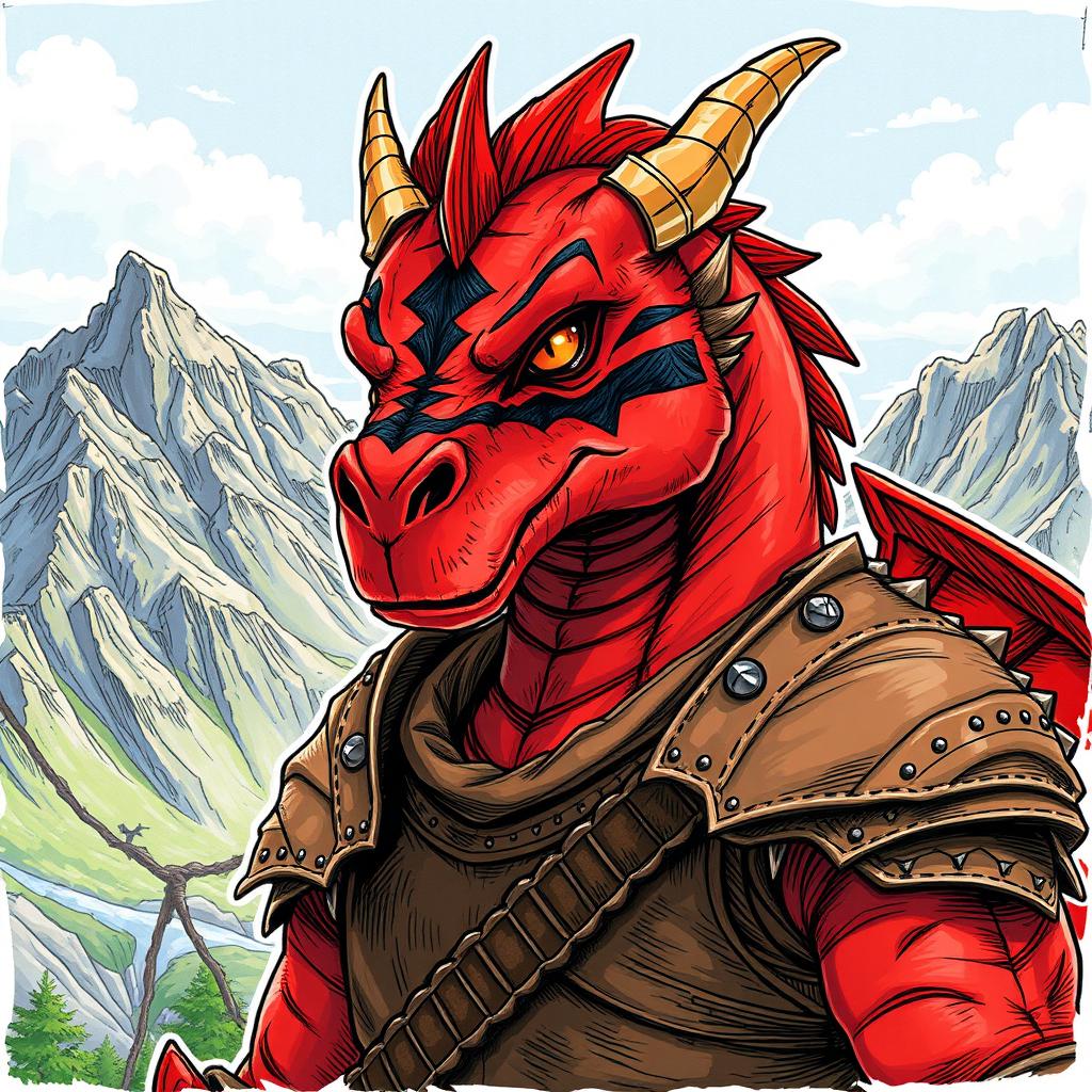 A large, red dragonborn character with distinct black stripes across its face, portrayed against a stunning backdrop of rugged mountains