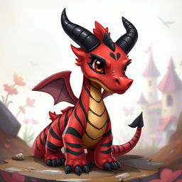 A small, red drake character with striking black stripes across its body and prominent black horns