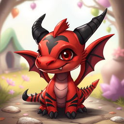 A small, red drake character with striking black stripes across its body and prominent black horns