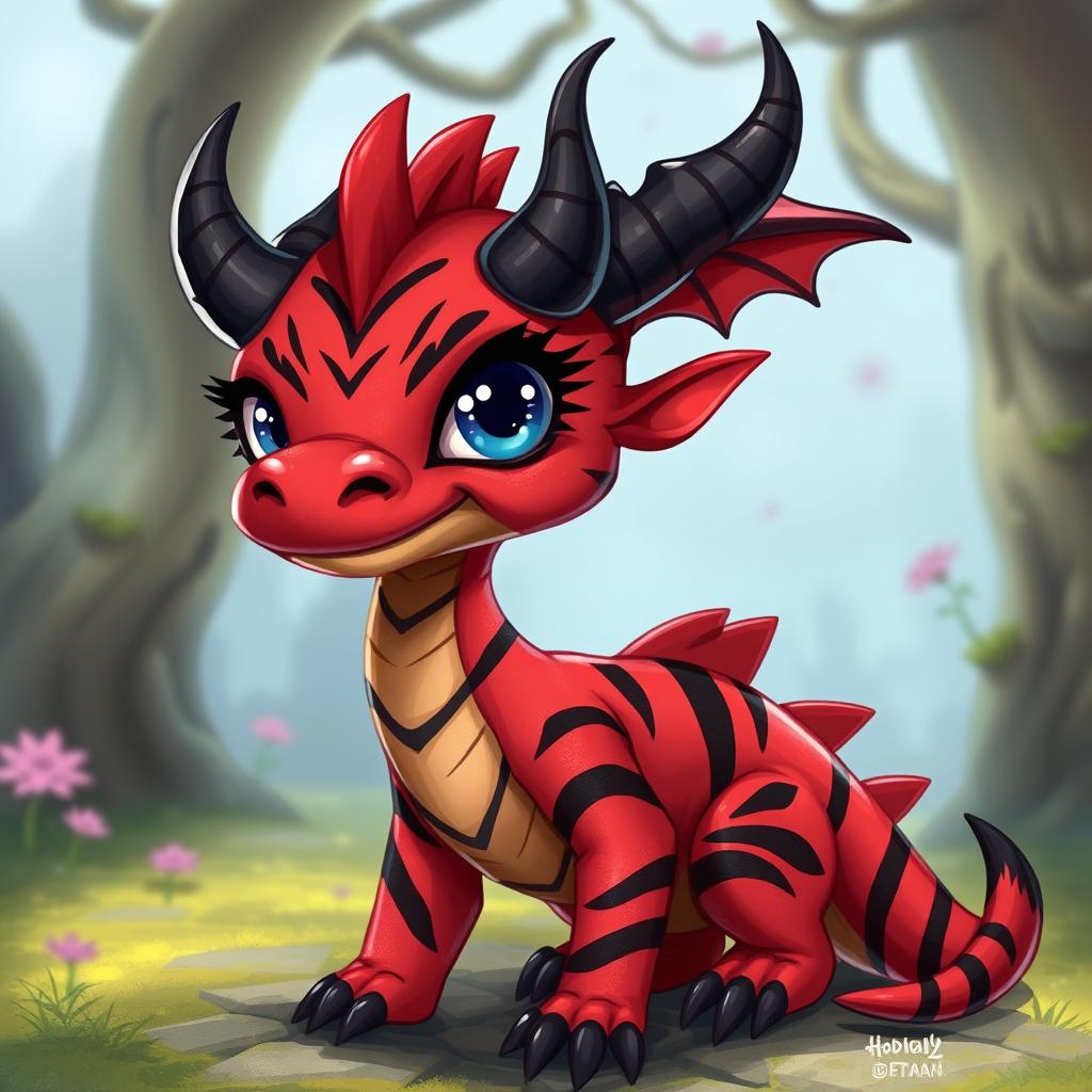 A small, red drake character with striking black stripes across its body and prominent black horns