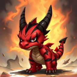 A small, red drake character with bold black stripes and prominent black horns, exuding a fierce and angry demeanor