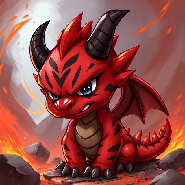 A small, red drake character with bold black stripes and prominent black horns, exuding a fierce and angry demeanor