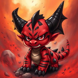 A small, red drake character with bold black stripes and prominent black horns, exuding a fierce and angry demeanor