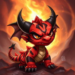 A small, red drake character with bold black stripes and prominent black horns, exuding a fierce and angry demeanor