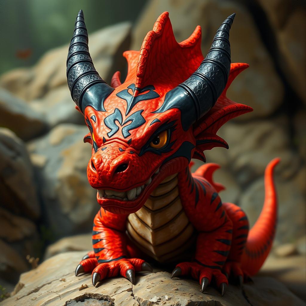 A small, realistic drake characterized by its vibrant red skin adorned with striking black stripes and prominent black horns