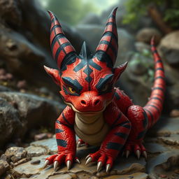 A small, realistic drake characterized by its vibrant red skin adorned with striking black stripes and prominent black horns