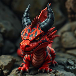 A small, realistic drake characterized by its vibrant red skin adorned with striking black stripes and prominent black horns
