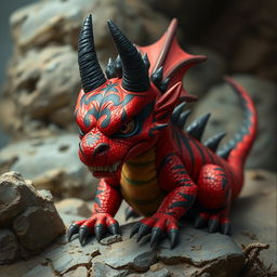 A small, realistic drake characterized by its vibrant red skin adorned with striking black stripes and prominent black horns