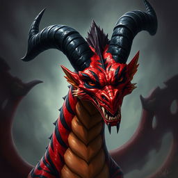 A fierce-looking drake characterized by its vibrant red body with dramatic black stripes and prominent black horns