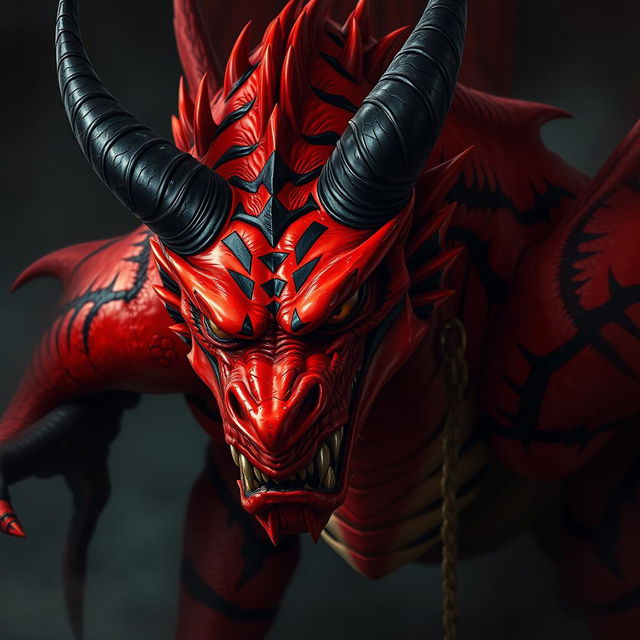 A fierce-looking drake characterized by its vibrant red body with dramatic black stripes and prominent black horns