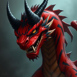 A fierce-looking drake characterized by its vibrant red body with dramatic black stripes and prominent black horns
