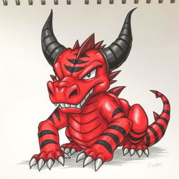 A drawing of a menacing drake, showcasing a striking red body with bold black stripes and prominent black horns