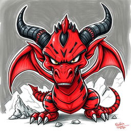 A drawing of a menacing drake, showcasing a striking red body with bold black stripes and prominent black horns