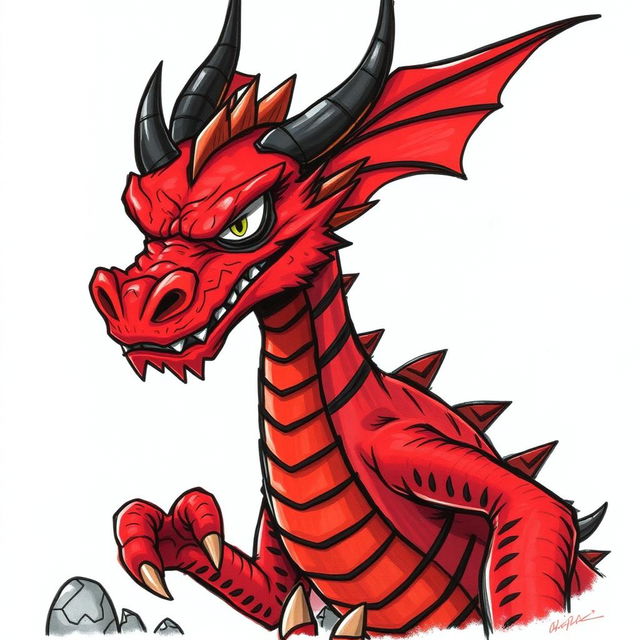 A drawing of a menacing drake, showcasing a striking red body with bold black stripes and prominent black horns