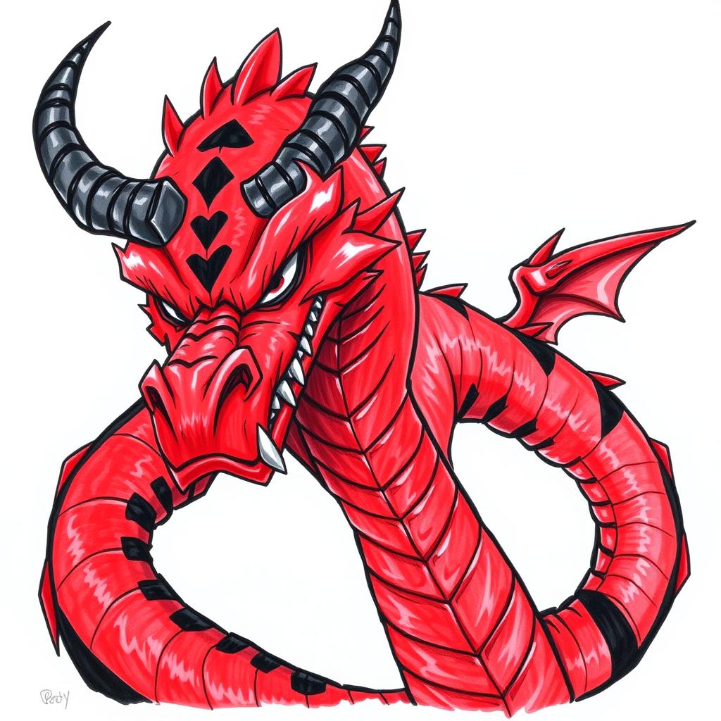 A drawing of a menacing drake, showcasing a striking red body with bold black stripes and prominent black horns