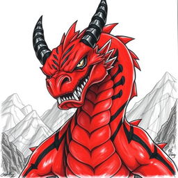 A drawing of a menacing drake featuring a vivid red body with bold black stripes and prominent black horns
