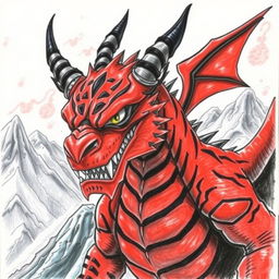 A drawing of a menacing drake featuring a vivid red body with bold black stripes and prominent black horns