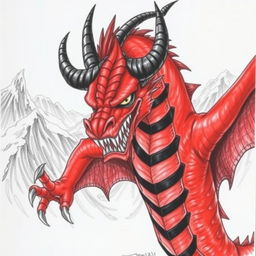 A drawing of a menacing drake featuring a vivid red body with bold black stripes and prominent black horns