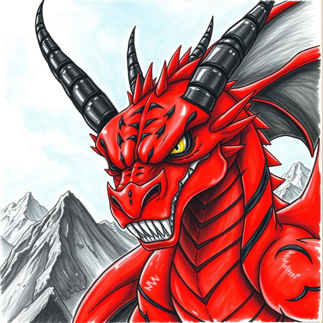 A drawing of a menacing drake featuring a vivid red body with bold black stripes and prominent black horns