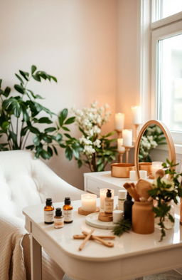 A serene and inviting personal care space featuring an assortment of beauty and wellness products