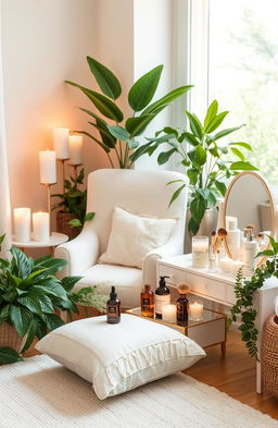 A serene and inviting personal care space featuring an assortment of beauty and wellness products