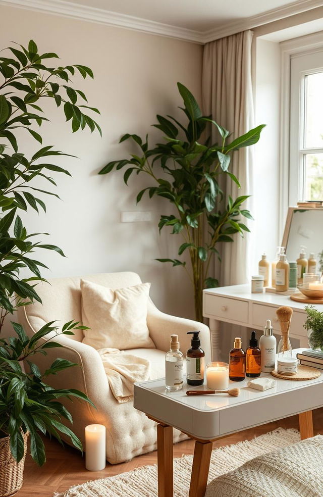 A serene and inviting personal care space featuring an assortment of beauty and wellness products