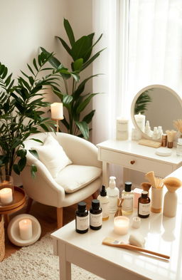 A serene and inviting personal care space featuring an assortment of beauty and wellness products