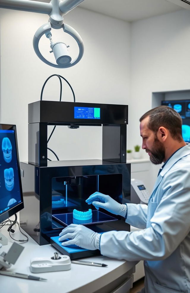 A modern dental technician working with a 3D printer in a sleek, well-equipped dental lab