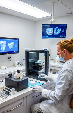 A modern dental technician working with a 3D printer in a sleek, well-equipped dental lab
