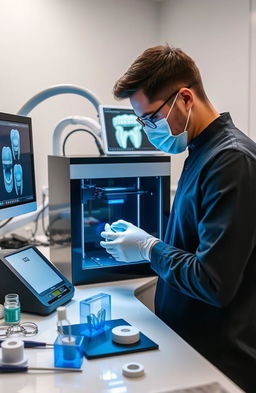A modern dental technician working with a 3D printer in a sleek, well-equipped dental lab