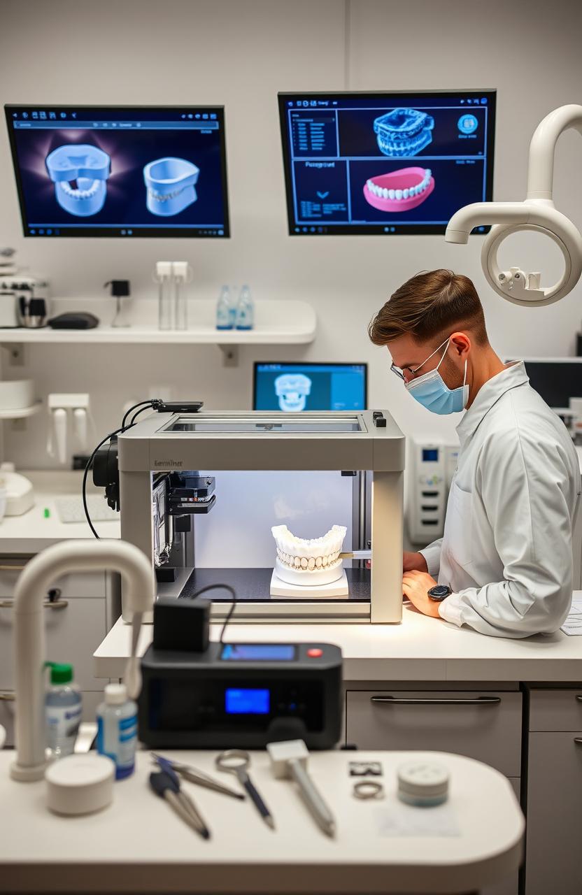 A modern dental technician working with a 3D printer in a sleek, well-equipped dental lab