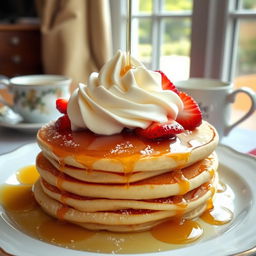 A stack of golden brown pancakes topped with a generous dollop of whipped cream and fresh strawberries