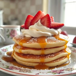 A stack of golden brown pancakes topped with a generous dollop of whipped cream and fresh strawberries