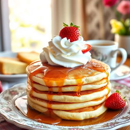A stack of golden brown pancakes topped with a generous dollop of whipped cream and fresh strawberries