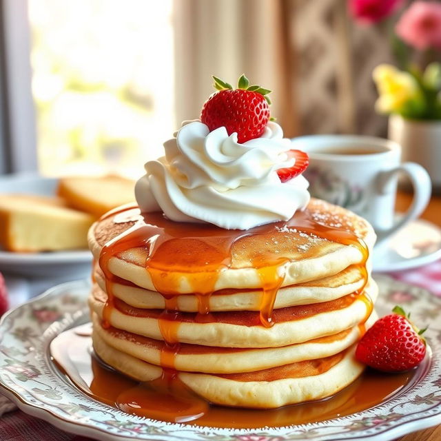 A stack of golden brown pancakes topped with a generous dollop of whipped cream and fresh strawberries