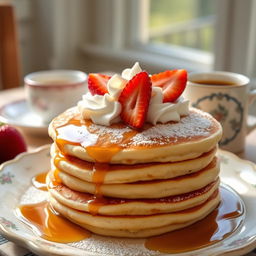 A stack of golden brown pancakes topped with a generous dollop of whipped cream and fresh strawberries